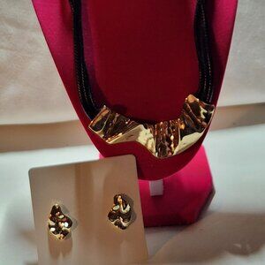 Gold tone bib necklace & earrings black triple cord costume NIP